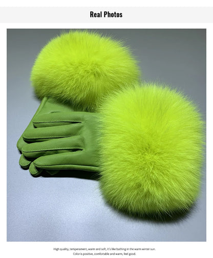 Jxwatcher Wholesale Fox Fur Gloves Winter Female Luxury Style Warm Sheepskin Genuine Leather Gloves Driving Thickening Mitten