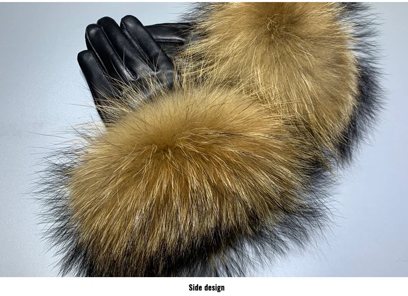 Jxwatcher Wholesale Fox Fur Gloves Winter Female Luxury Style Warm Sheepskin Genuine Leather Gloves Driving Thickening Mitten