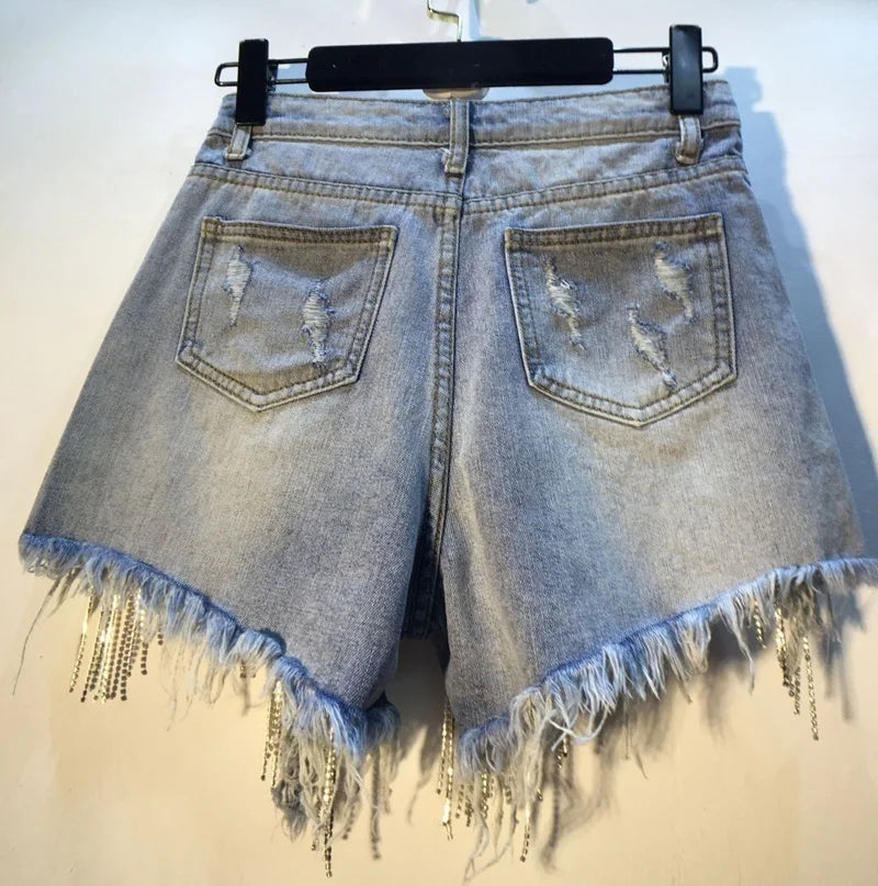 ANSZKTN Summer Women Jean Ripped Shorts Rhinestone Heavy Tassels Nail Diamond Beads High Waist Light Blue Denim Shorts
