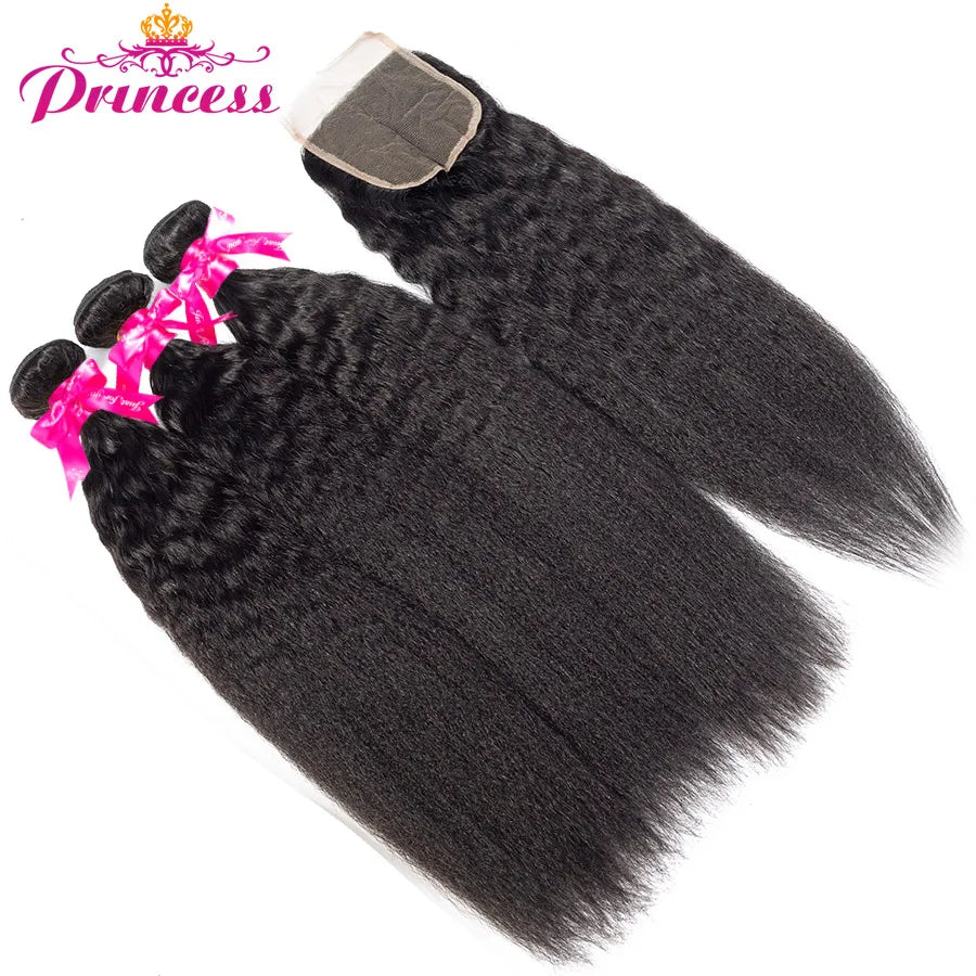 Beautiful Princess Hair Kinky Straight Peruvian Hair Bundles With Lace Closure Human Hair 3 Bundles With Closure
