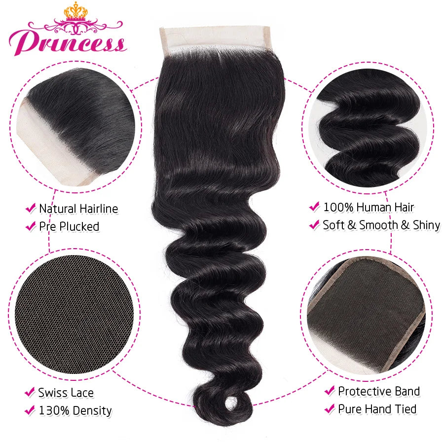 Brazilian Loose Deep Wave 3 Bundles With Closure Double Weft Remy Human Hair Bundles With Lace Closure Princess Hair Weave