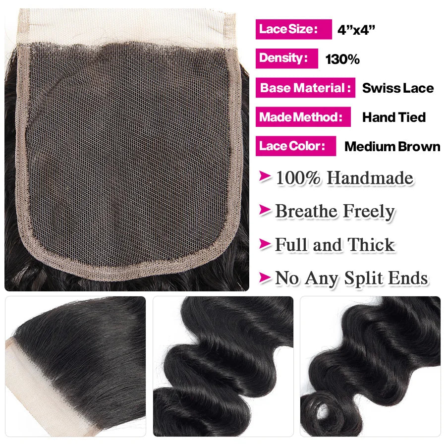 Brazilian Loose Deep Wave 3 Bundles With Closure Double Weft Remy Human Hair Bundles With Lace Closure Princess Hair Weave