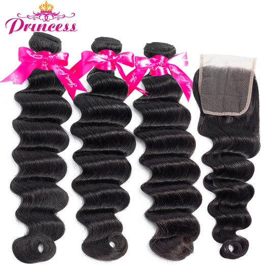 Brazilian Loose Deep Wave 3 Bundles With Closure Double Weft Remy Human Hair Bundles With Lace Closure Princess Hair Weave