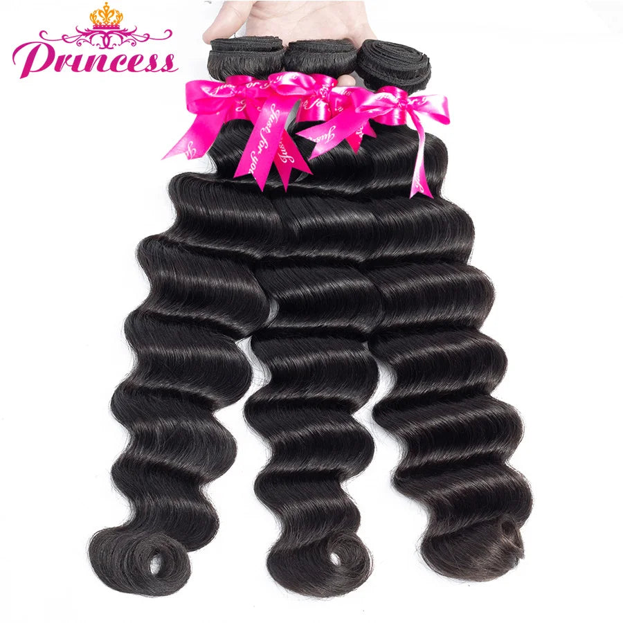 Brazilian Loose Deep Wave 3 Bundles With Closure Double Weft Remy Human Hair Bundles With Lace Closure Princess Hair Weave