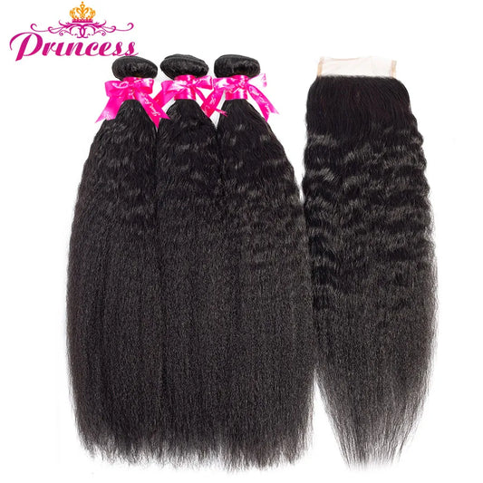 Beautiful Princess Hair Kinky Straight Peruvian Hair Bundles With Lace Closure Human Hair 3 Bundles With Closure