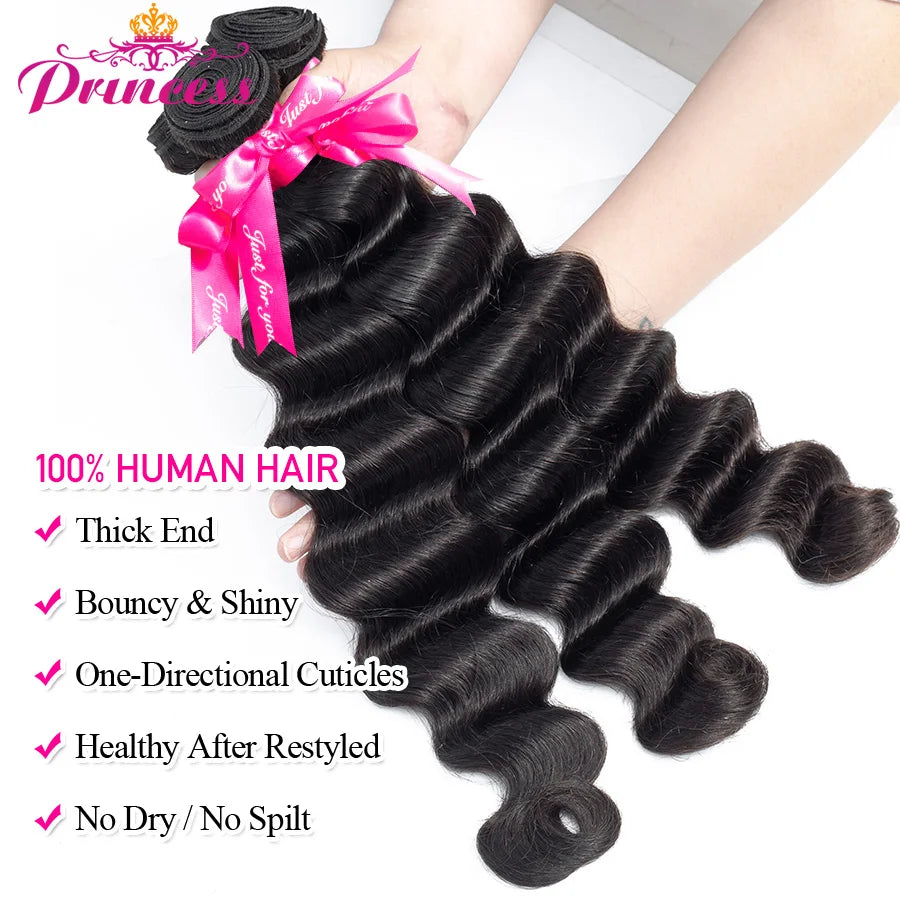 Brazilian Loose Deep Wave 3 Bundles With Closure Double Weft Remy Human Hair Bundles With Lace Closure Princess Hair Weave