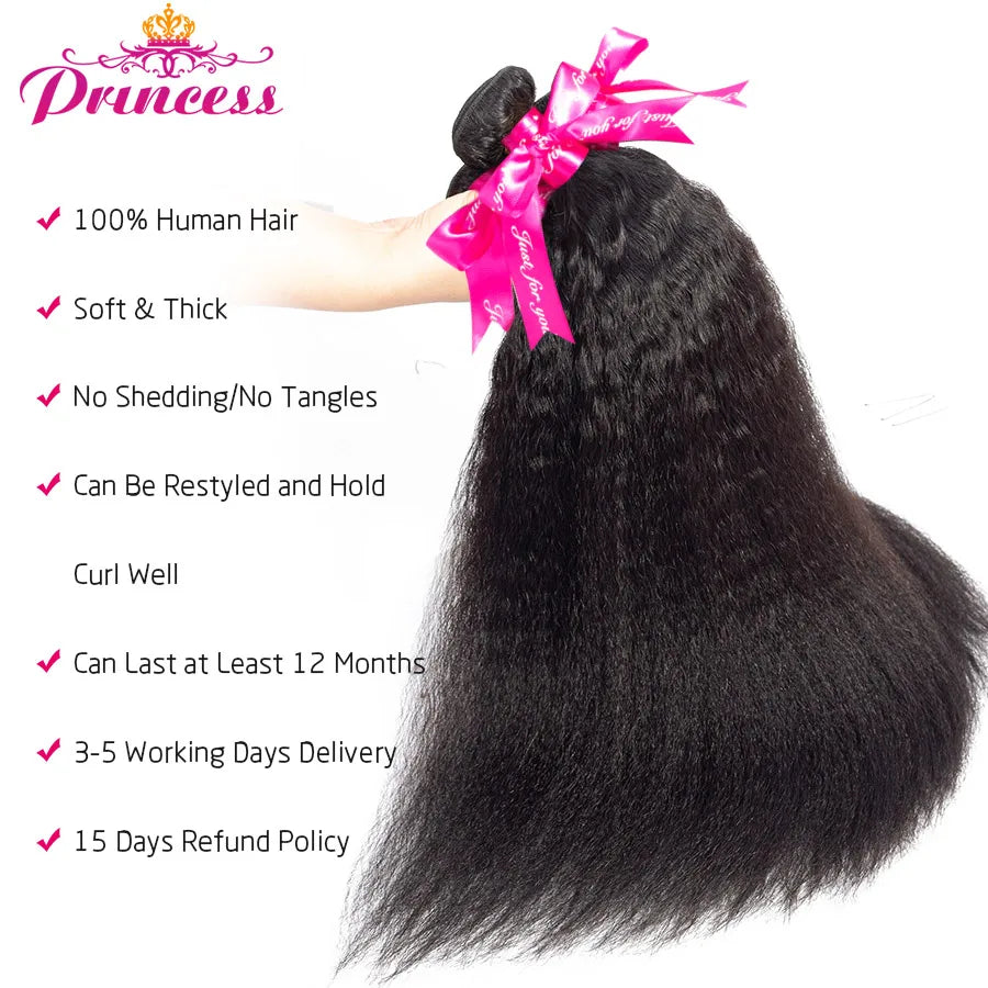 Beautiful Princess Hair Kinky Straight Peruvian Hair Bundles With Lace Closure Human Hair 3 Bundles With Closure