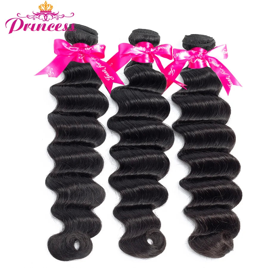 Brazilian Loose Deep Wave 3 Bundles With Closure Double Weft Remy Human Hair Bundles With Lace Closure Princess Hair Weave