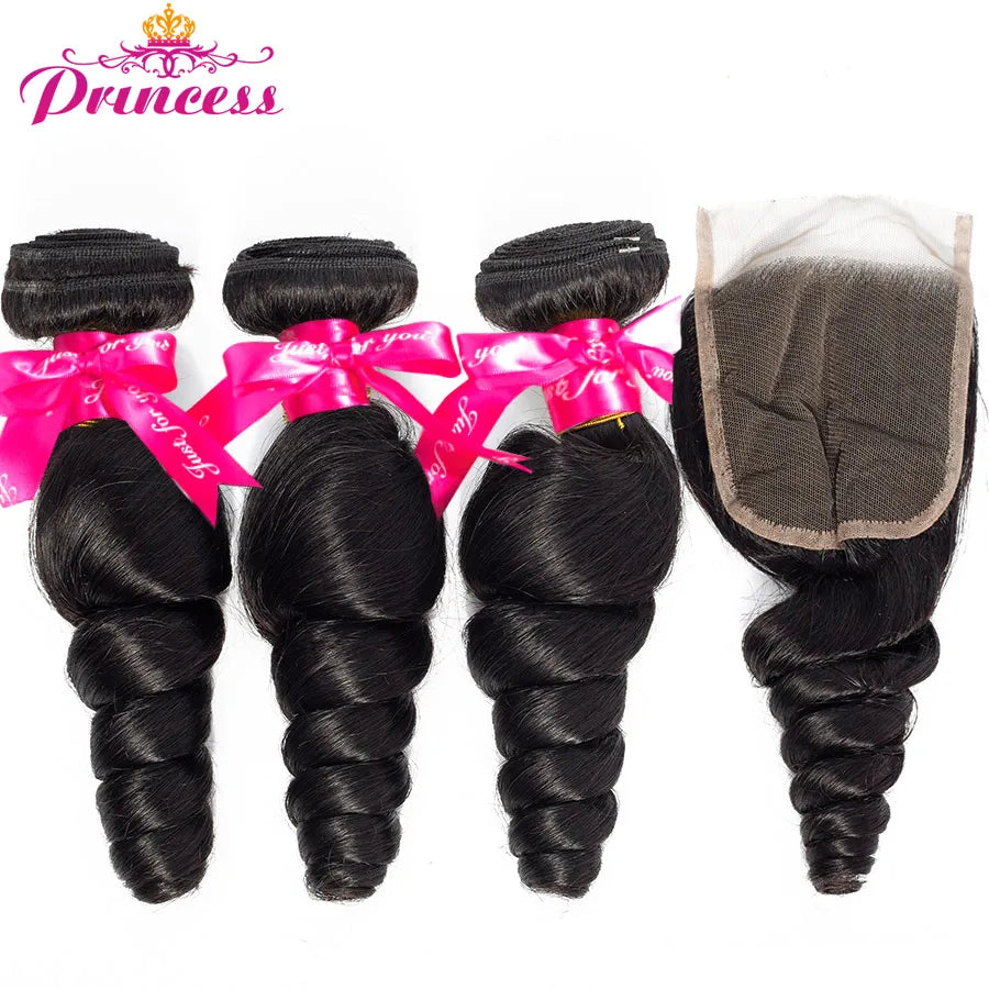 Beautiful Princess Loose Wave Bundles With Closure Brazilian Bundles With Closure Remy Human Hair 3 Bundles With Lace Closure