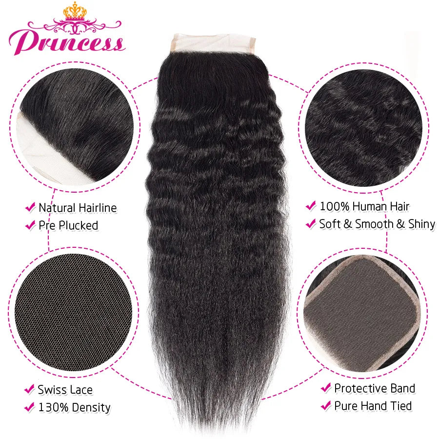 Beautiful Princess Hair Kinky Straight Peruvian Hair Bundles With Lace Closure Human Hair 3 Bundles With Closure