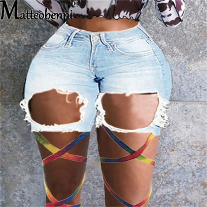 Sexy Ripped Hole Fringe Denim Shorts Women Color Rope Tie Legs Casual Pocket Jeans Shorts 2021 Summer Lace Up Shorts