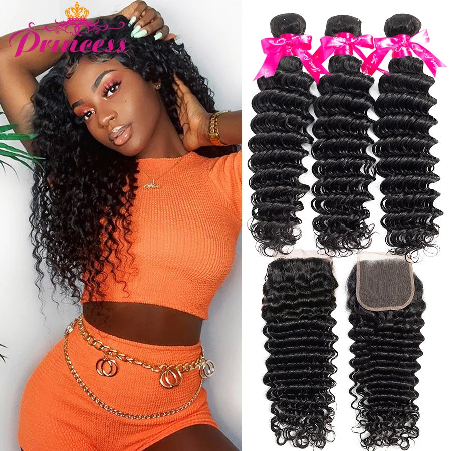 Beautiful Princess Hair Deep Wave Bundles With Closure Double Weft Human Hair Brazilian Hair Weave 3 Bundles With Closure Remy