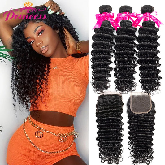 Beautiful Princess Hair Deep Wave Bundles With Closure Double Weft Human Hair Brazilian Hair Weave 3 Bundles With Closure Remy