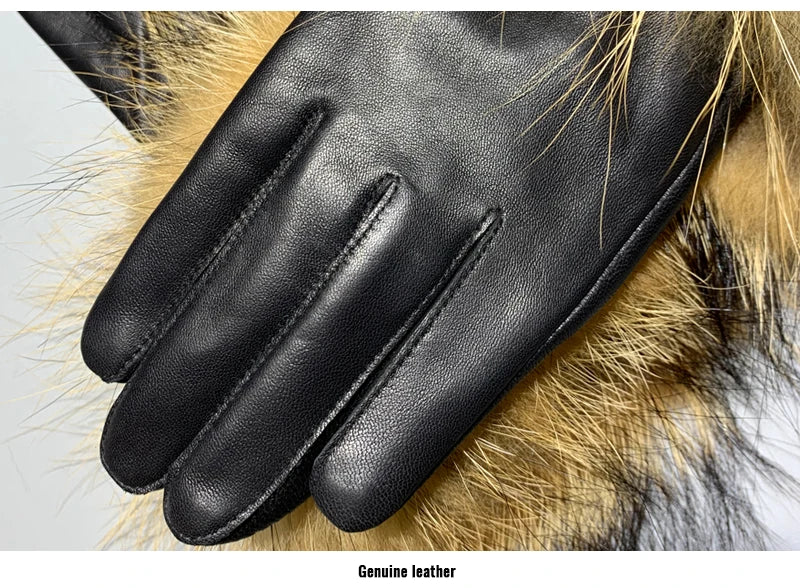 Jxwatcher Wholesale Fox Fur Gloves Winter Female Luxury Style Warm Sheepskin Genuine Leather Gloves Driving Thickening Mitten