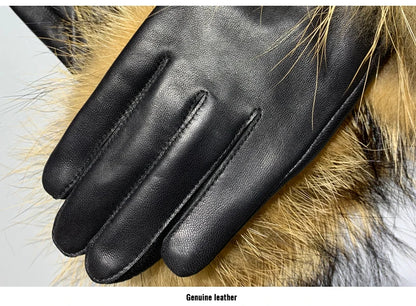 Jxwatcher Wholesale Fox Fur Gloves Winter Female Luxury Style Warm Sheepskin Genuine Leather Gloves Driving Thickening Mitten