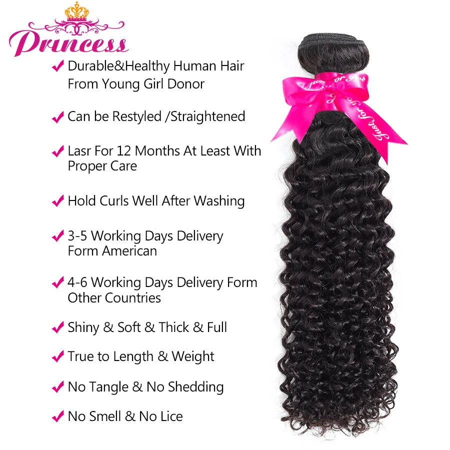Beautiful Princess Kinky Curly Bundles With Frontal Natural Black Malaysian Hair Weave Bundles With Closure Remy Human Hair
