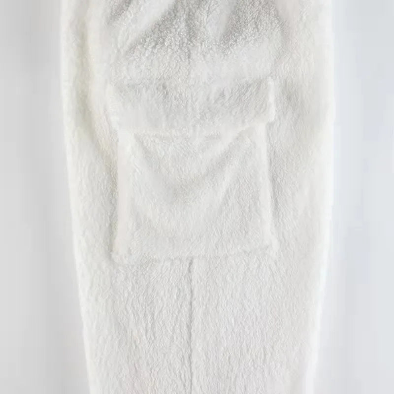 Fashion Sweat Suits 2 Piece Sets Women Outfits Casual Sportwear Sweatshirt+Sweatpants White Plush Warm Lapel Zipper Cardigan