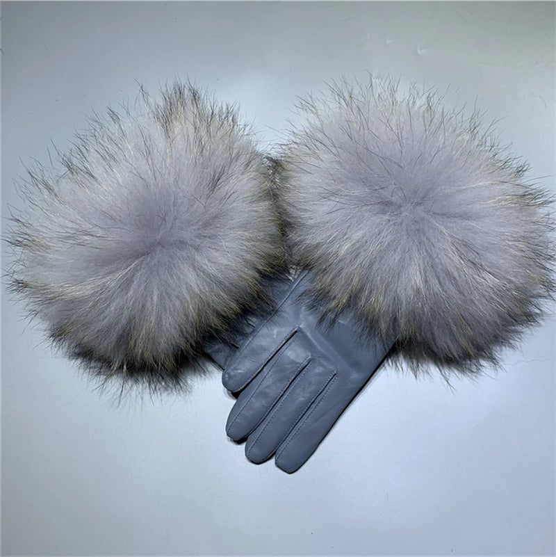 Jxwatcher Wholesale Fox Fur Gloves Winter Female Luxury Style Warm Sheepskin Genuine Leather Gloves Driving Thickening Mitten