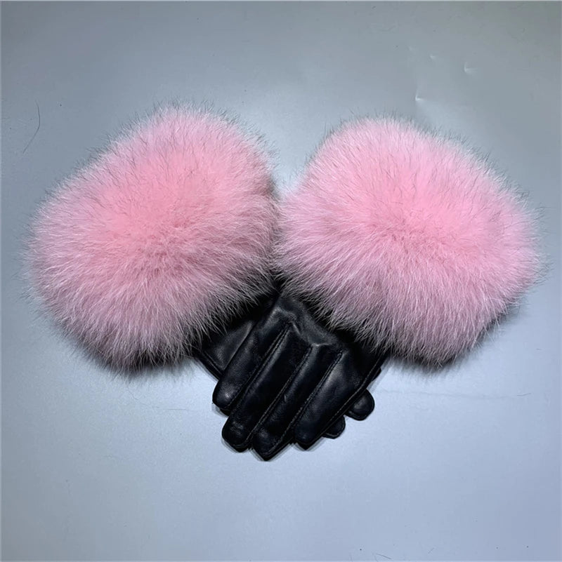 Jxwatcher Wholesale Fox Fur Gloves Winter Female Luxury Style Warm Sheepskin Genuine Leather Gloves Driving Thickening Mitten