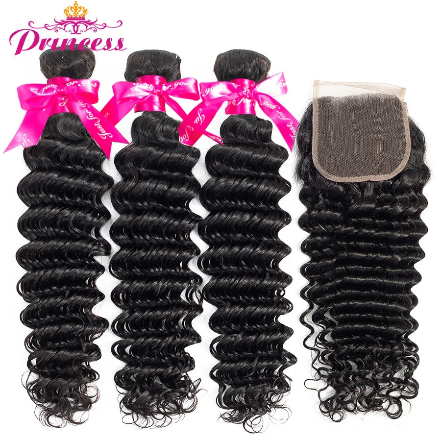 Beautiful Princess Hair Deep Wave Bundles With Closure Double Weft Human Hair Brazilian Hair Weave 3 Bundles With Closure Remy