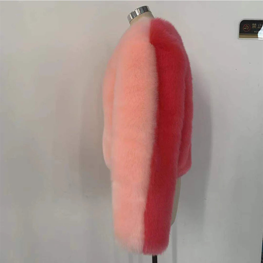 2021 Winter Women Sweet Pink Patchwork Fur Coat Luxury Design Trendy Faux Fur Jacket Female Warm Outerwear Exclusive Customized