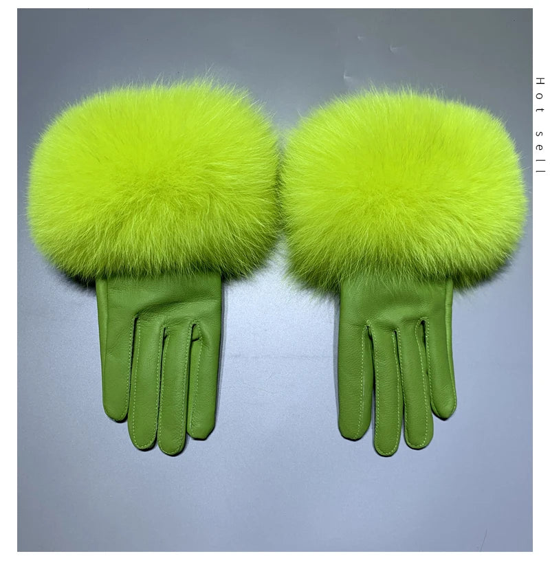 Jxwatcher Wholesale Fox Fur Gloves Winter Female Luxury Style Warm Sheepskin Genuine Leather Gloves Driving Thickening Mitten