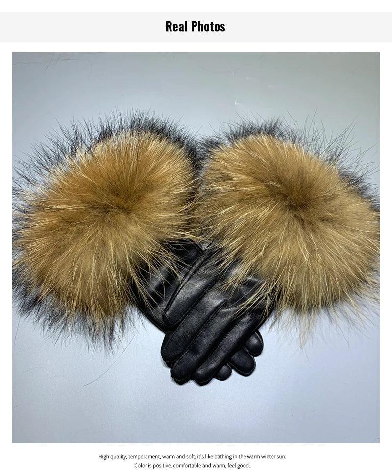 Jxwatcher Wholesale Fox Fur Gloves Winter Female Luxury Style Warm Sheepskin Genuine Leather Gloves Driving Thickening Mitten