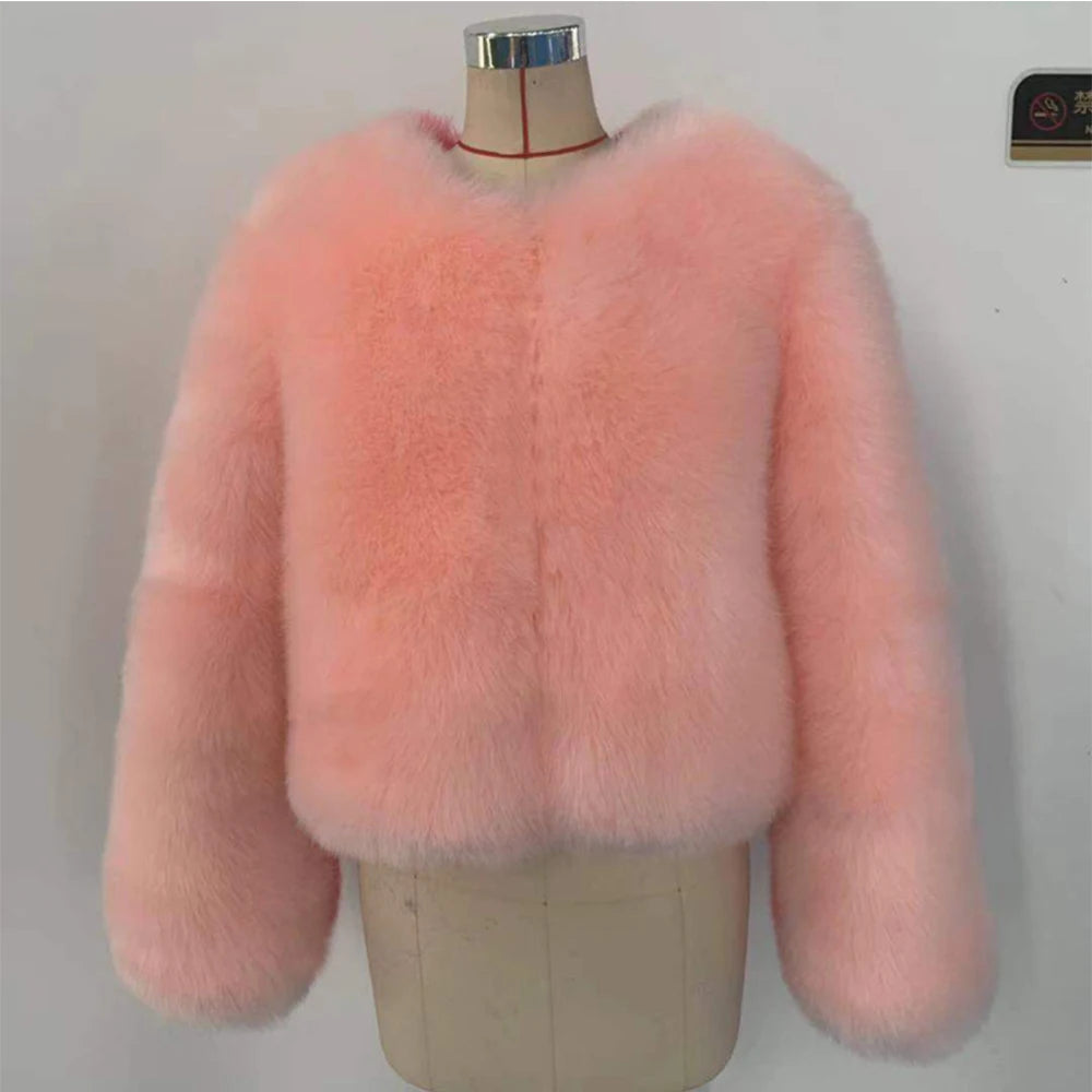2021 Winter Women Sweet Pink Patchwork Fur Coat Luxury Design Trendy Faux Fur Jacket Female Warm Outerwear Exclusive Customized