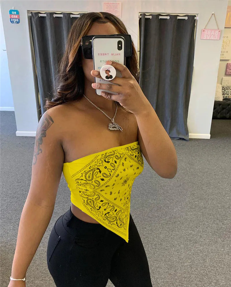 ANJAMANOR Cute Sexy Graphic Bandana Crop Top Women Clothing 2023 Summer Women Off Shoulder Backless Tank Tops D13-AI10