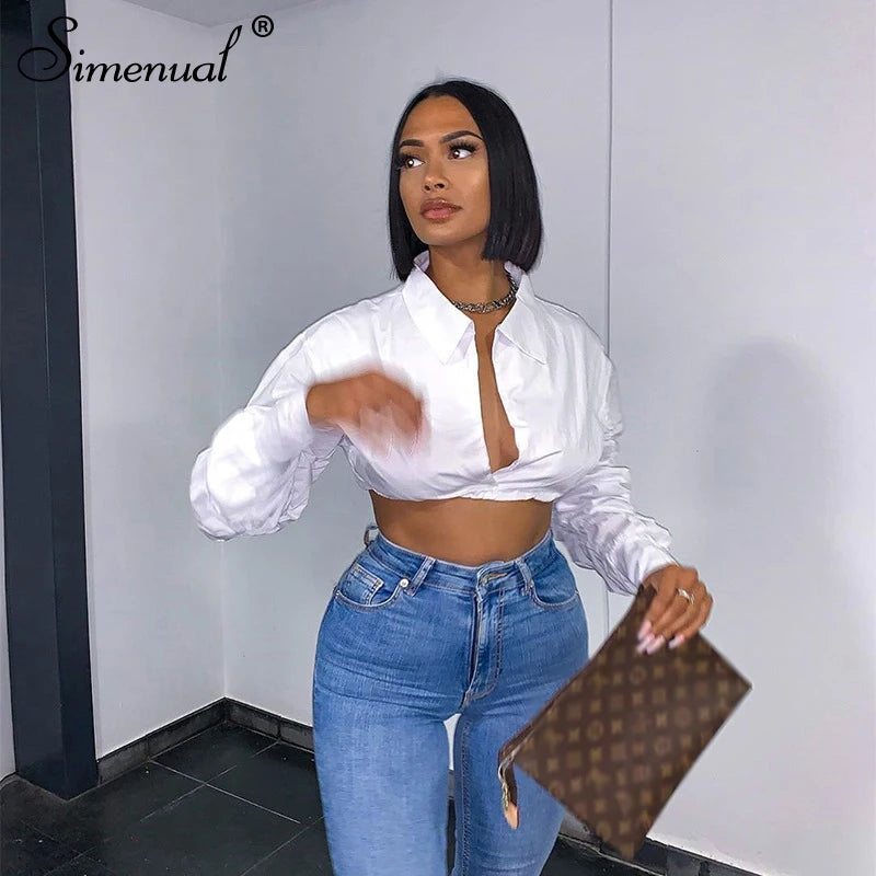 Simenual Button Ruched White Puff Sleeve Blouse Shirts Women Long Sleeved Fashion Fall 2021 Clothing Crop Blouses Solid Baddie