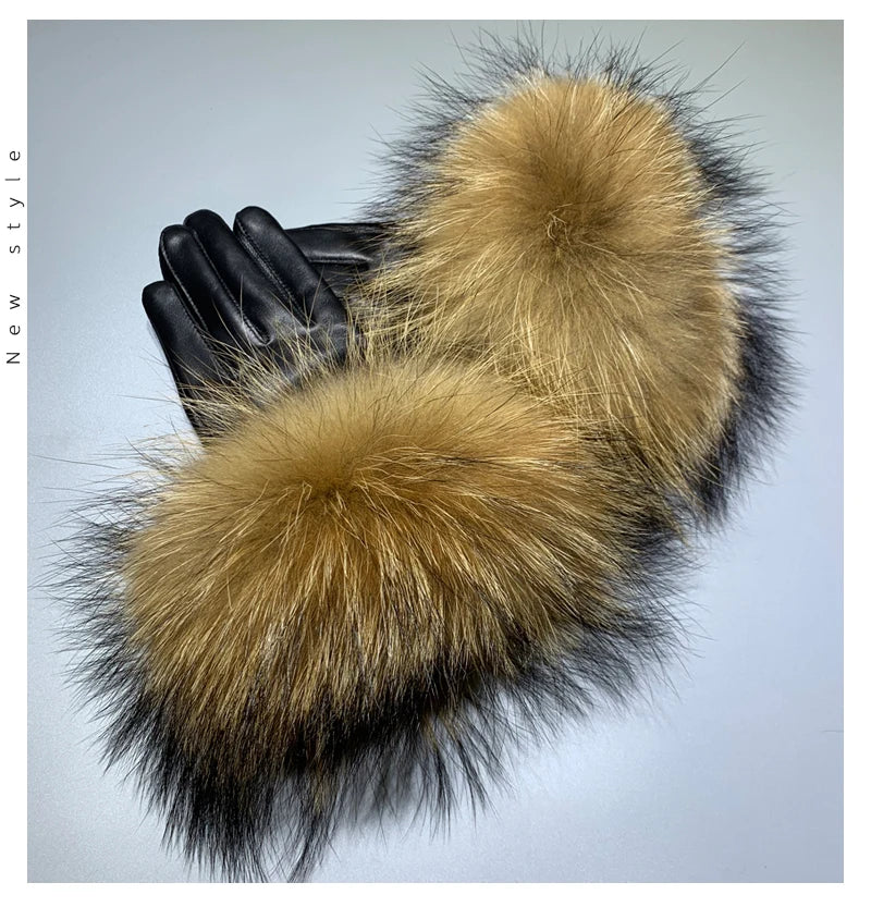 Jxwatcher Wholesale Fox Fur Gloves Winter Female Luxury Style Warm Sheepskin Genuine Leather Gloves Driving Thickening Mitten