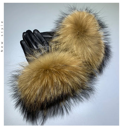 Jxwatcher Wholesale Fox Fur Gloves Winter Female Luxury Style Warm Sheepskin Genuine Leather Gloves Driving Thickening Mitten