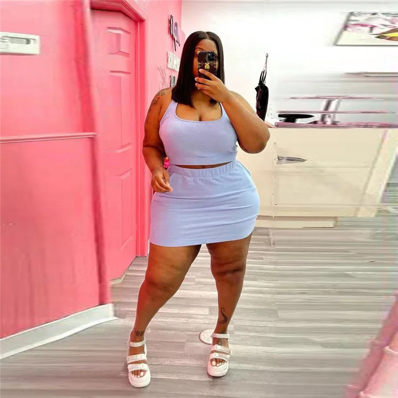 Summer Women Two Piece Outfits Wholesale Dress Sets Sexy Crop Tops and Skirt Suit with Short Casual Plus Size Sets Dropshipping