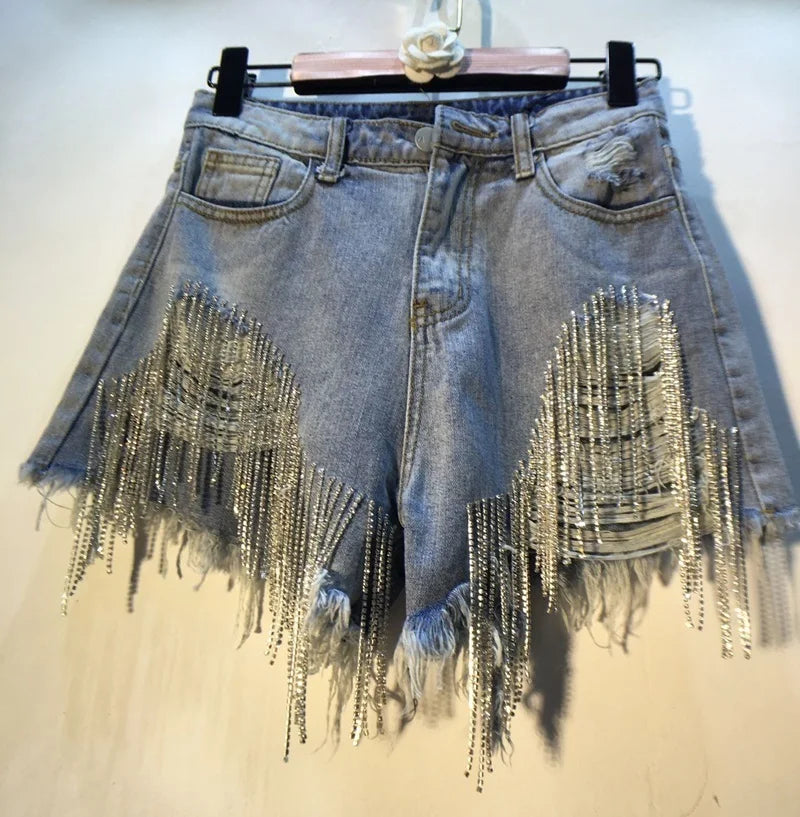 ANSZKTN Summer Women Jean Ripped Shorts Rhinestone Heavy Tassels Nail Diamond Beads High Waist Light Blue Denim Shorts