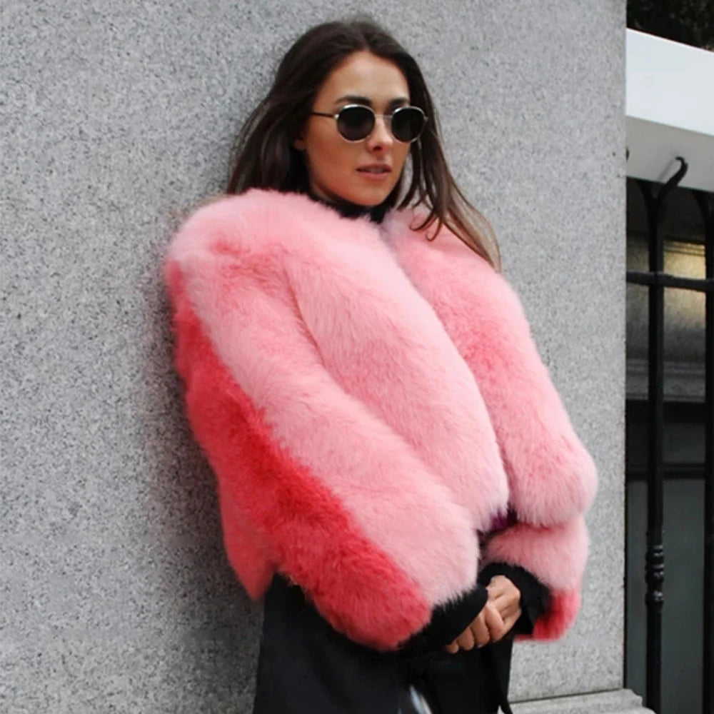 2021 Winter Women Sweet Pink Patchwork Fur Coat Luxury Design Trendy Faux Fur Jacket Female Warm Outerwear Exclusive Customized