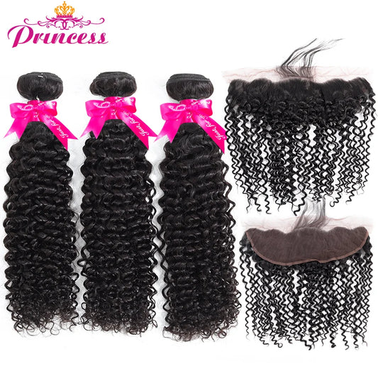 Beautiful Princess Kinky Curly Bundles With Frontal Natural Black Malaysian Hair Weave Bundles With Closure Remy Human Hair