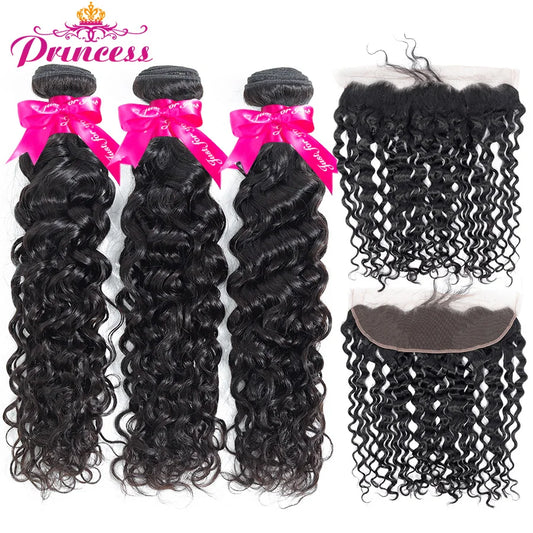Beautiful Princess Water Wave Bundles With Frontal Closure 13x4 Lace Frontal Closure With Bundles Remy Brazilian Hair Weave