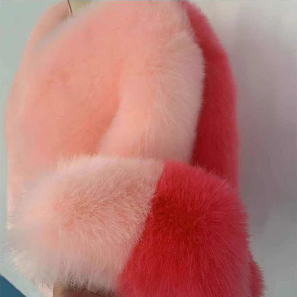 2021 Winter Women Sweet Pink Patchwork Fur Coat Luxury Design Trendy Faux Fur Jacket Female Warm Outerwear Exclusive Customized
