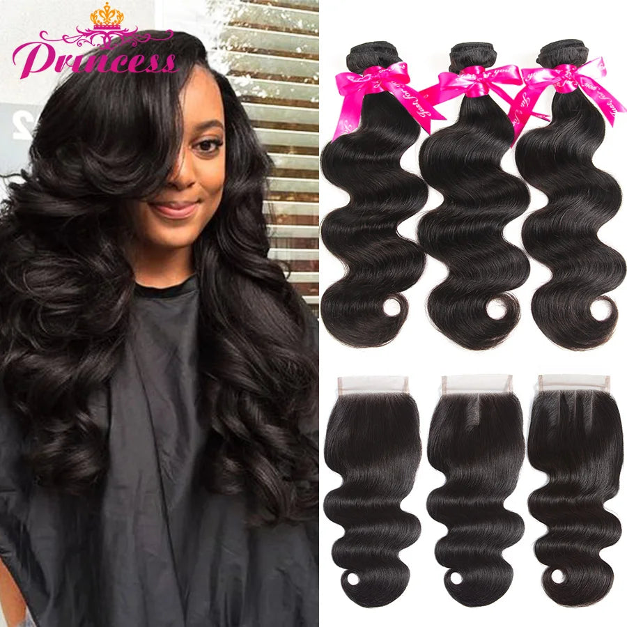 Princess Body Wave Human Hair Bundles With Closure 4x4 Lace Closure Remy Brazilian Hair Weave 3 Bundles With Closure