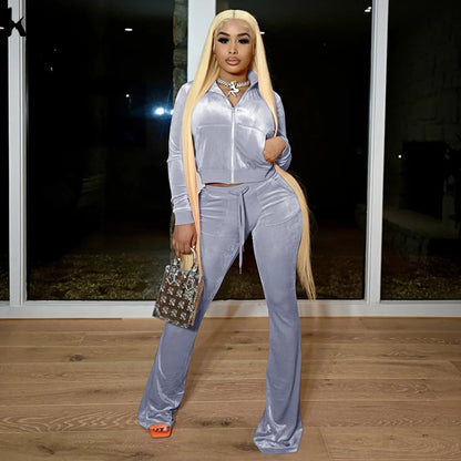 Kliou Solid Velour Two Piece Set Women Simple Casual Zipper Long Sleeve Turtleneck Top+Bandage Lace Slim Female Wide Leg Pants