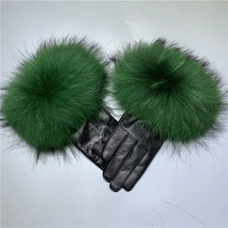 Jxwatcher Wholesale Fox Fur Gloves Winter Female Luxury Style Warm Sheepskin Genuine Leather Gloves Driving Thickening Mitten