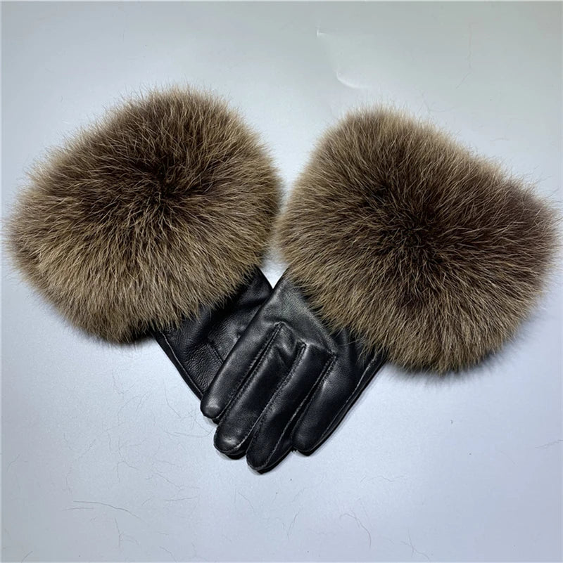 Jxwatcher Wholesale Fox Fur Gloves Winter Female Luxury Style Warm Sheepskin Genuine Leather Gloves Driving Thickening Mitten