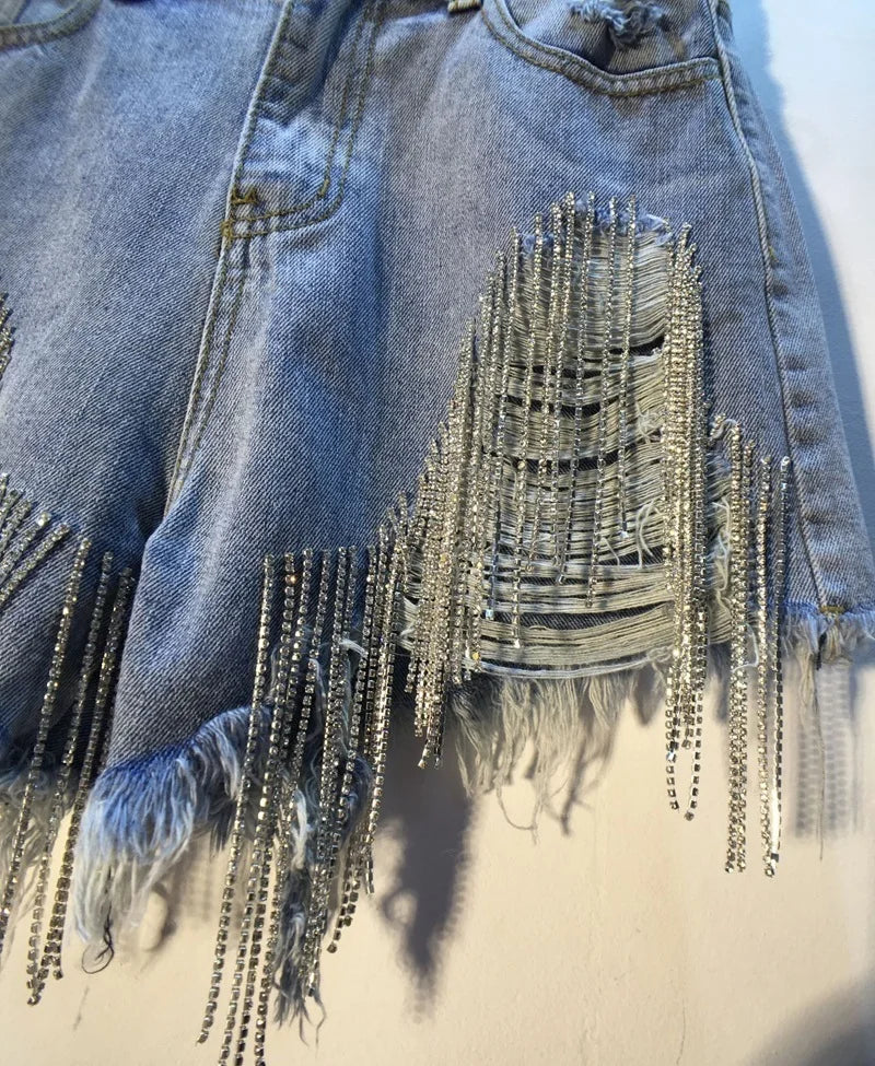 ANSZKTN Summer Women Jean Ripped Shorts Rhinestone Heavy Tassels Nail Diamond Beads High Waist Light Blue Denim Shorts