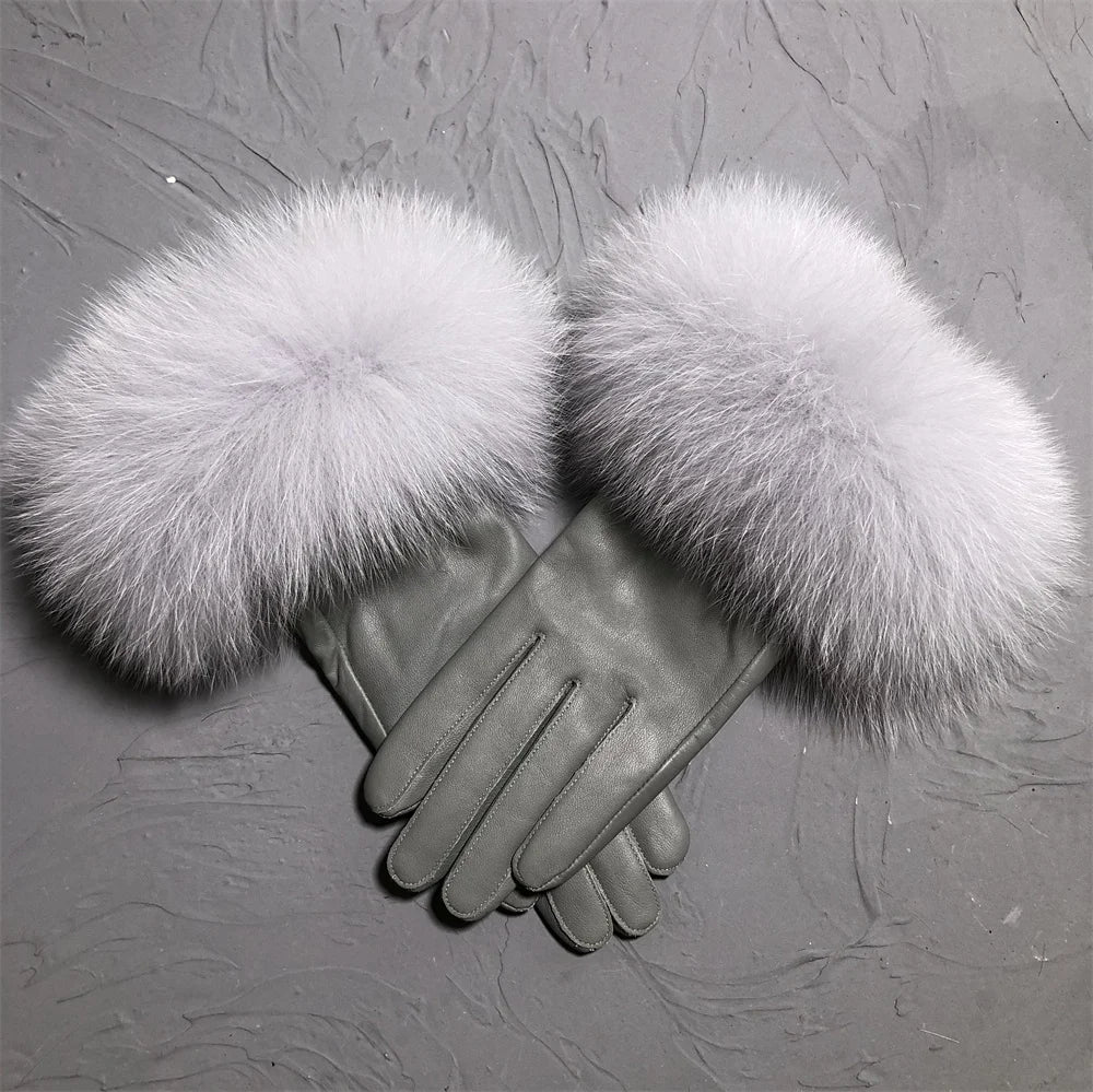 Jxwatcher Wholesale Fox Fur Gloves Winter Female Luxury Style Warm Sheepskin Genuine Leather Gloves Driving Thickening Mitten