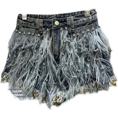 Boutique Wholesale 2025 Summer New Fashionable High Waisted Rhinestone Nail Bead Tassel Denim Women's Shorts