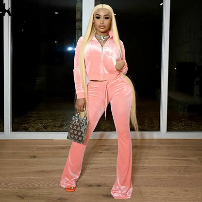 Kliou Solid Velour Two Piece Set Women Simple Casual Zipper Long Sleeve Turtleneck Top+Bandage Lace Slim Female Wide Leg Pants