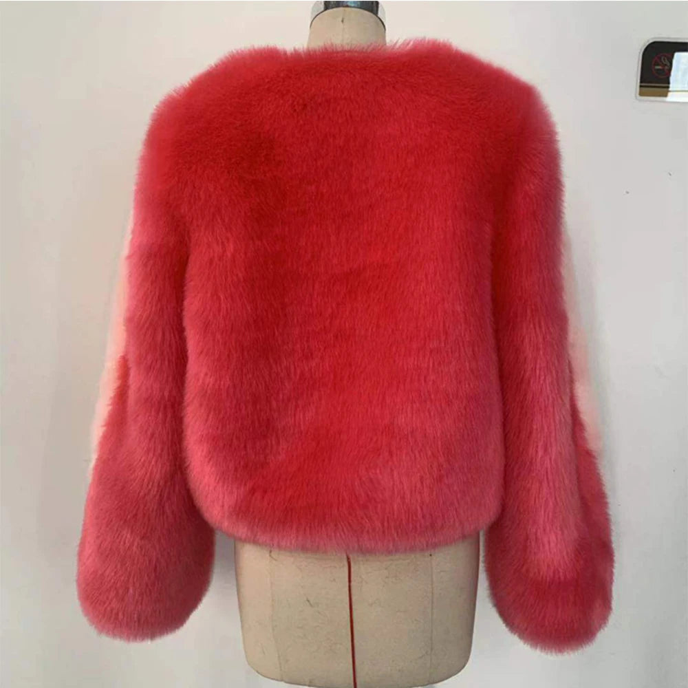 2021 Winter Women Sweet Pink Patchwork Fur Coat Luxury Design Trendy Faux Fur Jacket Female Warm Outerwear Exclusive Customized