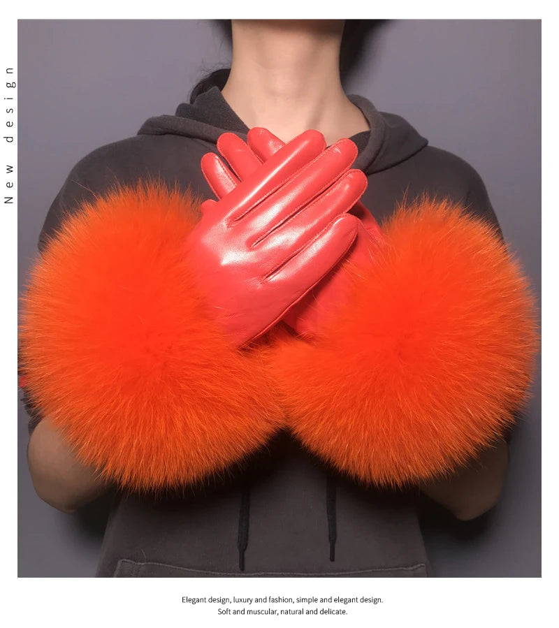 Jxwatcher Wholesale Fox Fur Gloves Winter Female Luxury Style Warm Sheepskin Genuine Leather Gloves Driving Thickening Mitten