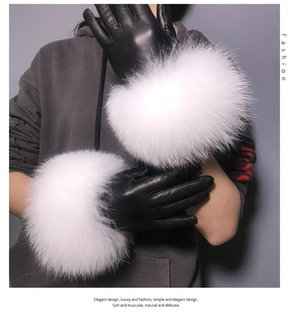 Jxwatcher Wholesale Fox Fur Gloves Winter Female Luxury Style Warm Sheepskin Genuine Leather Gloves Driving Thickening Mitten