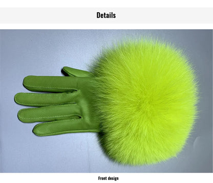 Jxwatcher Wholesale Fox Fur Gloves Winter Female Luxury Style Warm Sheepskin Genuine Leather Gloves Driving Thickening Mitten